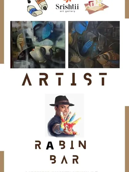 An artist feature card from the Srishti Art Gallery in Kolkata for our group exhibition.