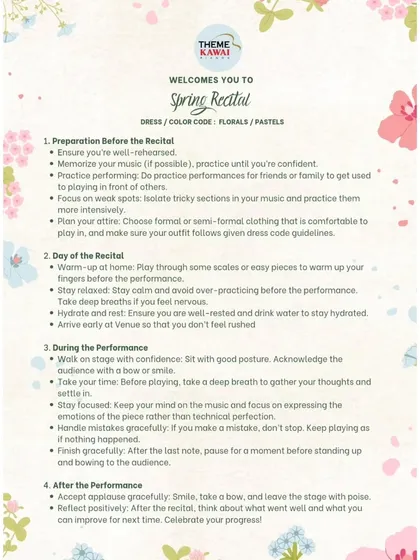 To help our students succeed, we provide them with detailed tips for recital preparation. This guide covers everything from practice strategies to managing performance anxiety.