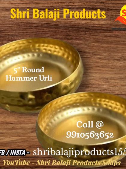 A clean product shot of my 5-inch round hammered metal urli. This versatile bowl is perfect for making large, multi-wick candles or for floating smaller candles.