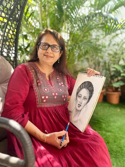 A dose of art is my meditation. Here I am, enjoying a quiet moment sketching a portrait, which is my favorite subject to create.