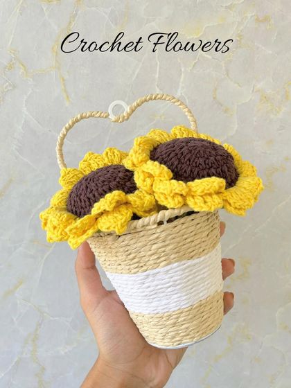 Here's everything you need for beautiful home decor. This collage showcases our crochet flower baskets, photo frames, and journals.