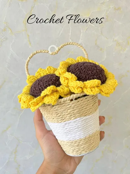 Here's everything you need for beautiful home decor. This collage showcases our crochet flower baskets, photo frames, and journals.
