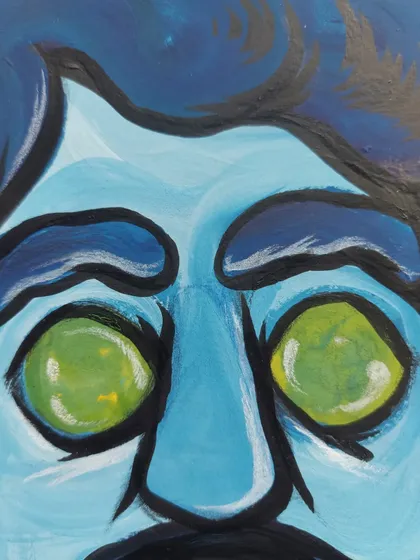 A detail shot of the eyes in my self-portrait. Even in a stylized piece, conveying emotion through the eyes is important.