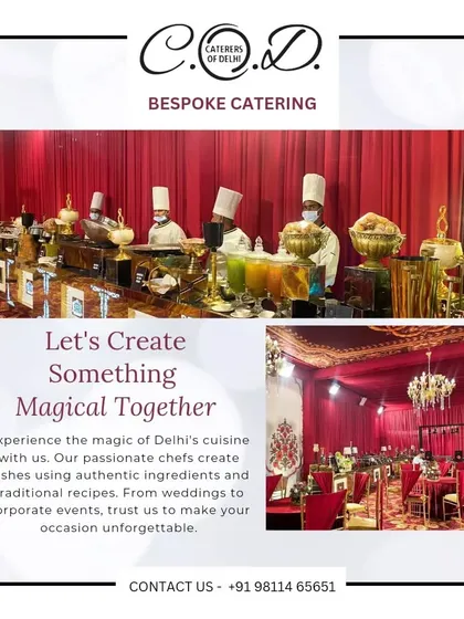 We transform indoor venues into grand dining halls. This collage shows a large-scale buffet setup under a rich, red-themed decor with chandeliers, demonstrating how our catering integrates seamlessly with opulent wedding designs.
