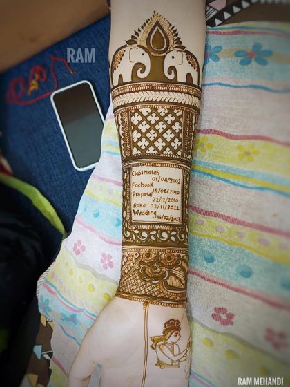 This design tells the couple's love story through important dates, from the day they met to their wedding day, all incorporated into the arm design.