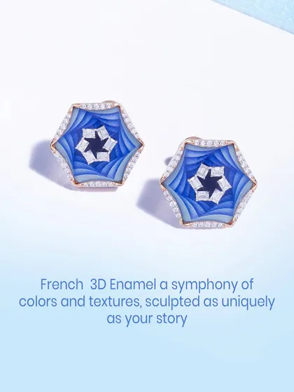 French 3D enamel creates a symphony of colors and textures in these earrings. The layered blue and white design, framed by diamonds, is sculpted as uniquely as your story.