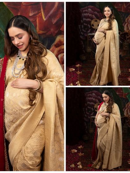 Embracing motherhood, draped in tradition. This collage showcases the elegance of an ethnic maternity shoot, a love story unfolding.