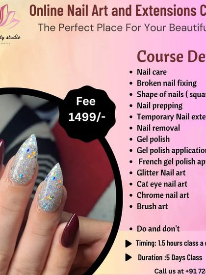 Here are the details for my 5-day online nail art and extensions course. It's a great way to kickstart your career, covering everything from nail care and prep to various art techniques like chrome and brush art.