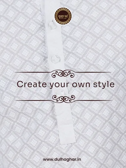 Create your own style. A close-up of a white patterned kurta, focusing on the button placket and fabric texture.