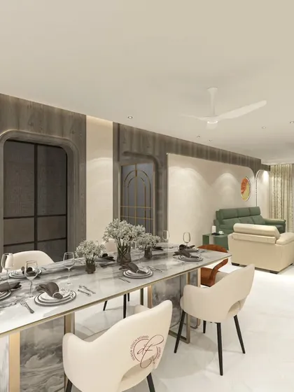 A view from the dining area in our 3D model, showing the elegant marble-top table and the seamless flow into the living space.