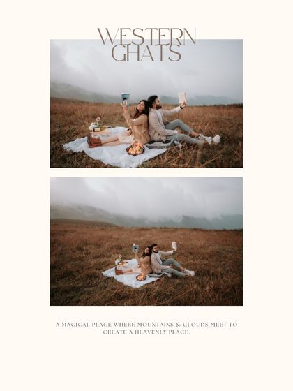 A collage from a picnic shoot in the Western Ghats, capturing the couple taking selfies against the stunning mountain backdrop.