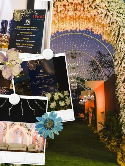 This collage highlights the coordinated details of an engagement party. It shows the custom-printed bar menu, the event invitation, the elegant stage, and the magnificent floral entrance arch, all working together to create a cohesive theme.
