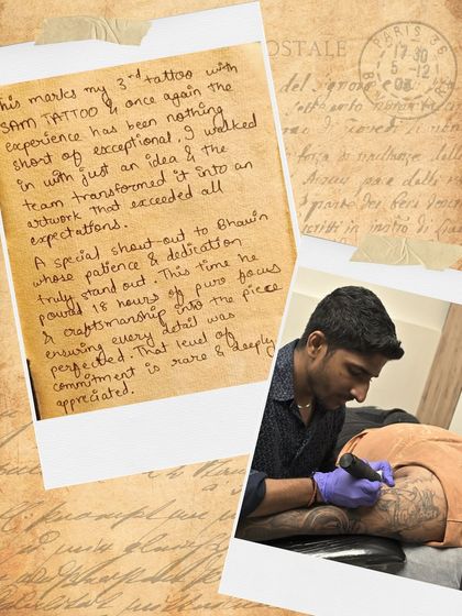 Jimmy's handwritten note praising the exceptional experience and the incredible dedication of our artist Bhavin during his 18-hour session.