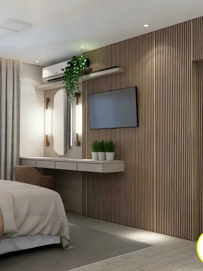 This angle focuses on the TV and dressing table wall, showcasing the beautiful texture of the full-height fluted wood paneling.