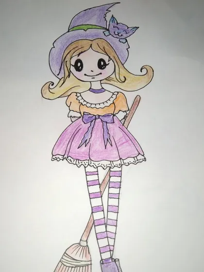 A cute witch bookmark created in one of my classes. These are fun, small projects where students can practice their character drawing and colouring skills.
