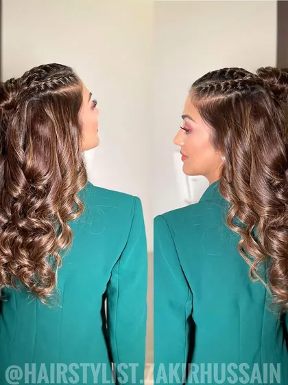 A dual-angle view of the half-up top knot style, showing its fun and fashionable appeal.