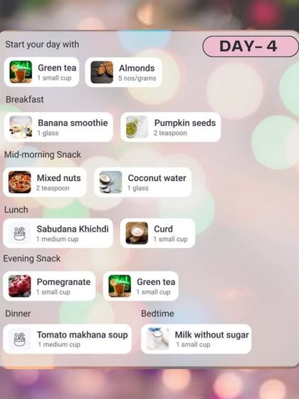This image shows the meal plan for Day 4 of my Navratri diet guide. It incorporates traditional fasting foods like sabudana khichdi but balances them with lighter options like tomato makhana soup and fruits.