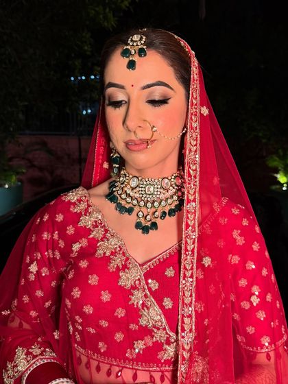 A close-up on the eye makeup for this bridal look, showing the seamless blend of shimmer and matte shades for a defined, elegant effect.