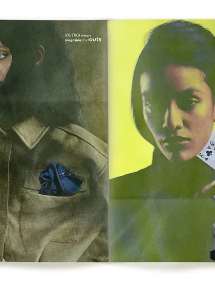 A spread combining two distinct portraits from the series, creating a dialogue between the images. The contrasting colors and compositions make for a dynamic layout.