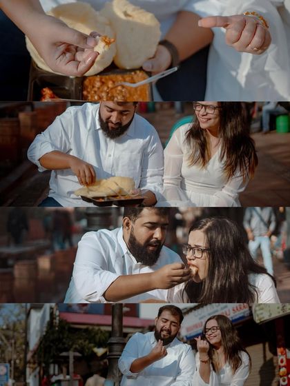 A collage celebrating their shared love for street food. A pre-wedding shoot should be about what you love doing together.