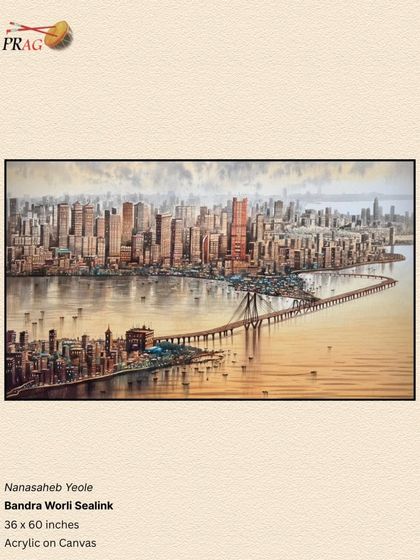 Nanasaheb Yeole's panoramic painting of the Bandra-Worli Sealink is a modern icon. We chose a minimalist black frame that acts as a window, focusing the viewer's attention entirely on the breathtaking cityscape.