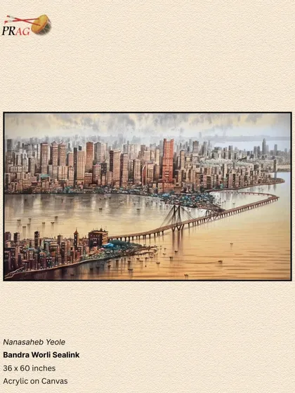 A panoramic painting of Mumbai's iconic Bandra-Worli Sealink by Nanasaheb Yeole, capturing the grandeur of the modern cityscape.