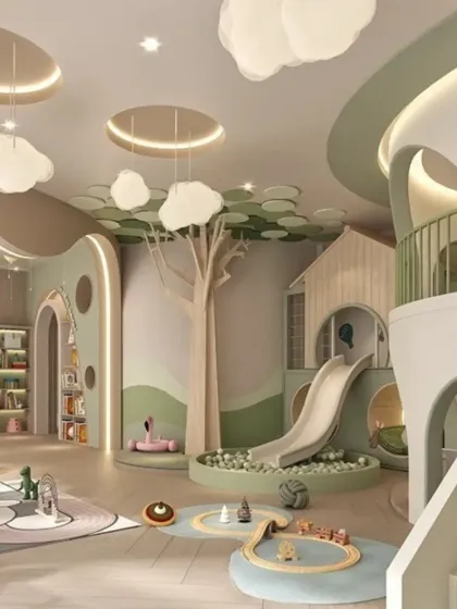 This children's playzone is designed to spark imagination and fun. I incorporated soft, nature-inspired colors, custom-built play structures like a slide and ball pit, and whimsical cloud lighting to create a safe, engaging, and joyful environment for kids.