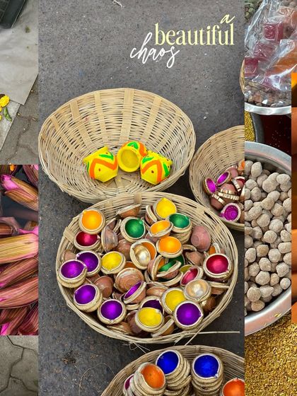 A beautiful chaos of market finds, from colorful spinning tops to baskets of peanuts and flowers.