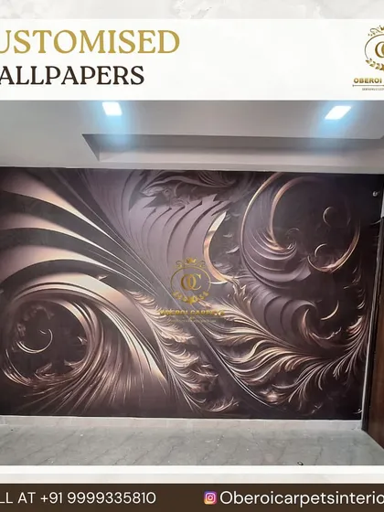 A repeat of the dramatic swirling 3D abstract wallpaper, showcasing its powerful visual impact in an empty room.