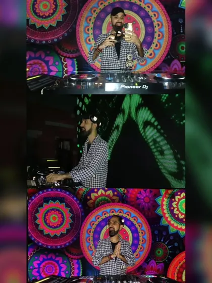 A collage showing different moments from a performance against a vibrant, colorful backdrop.