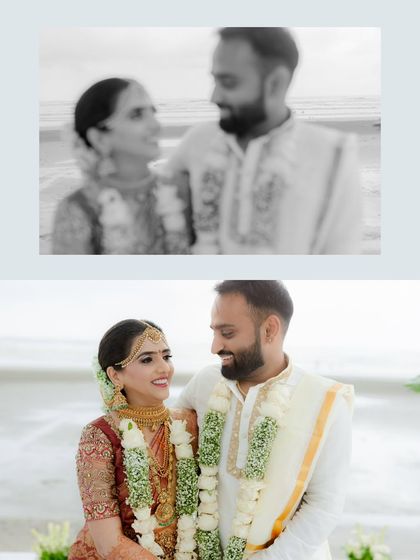 A diptych showing a soft focus, dreamy shot paired with a sharp, clear portrait. This creative technique highlights the couple's loving gaze and the beautiful details of their wedding attire.