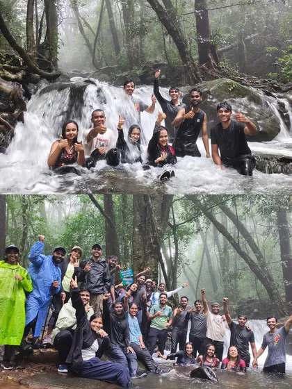 Pure joy! Our group having a blast in a natural stream during the Netravati trek. These are the refreshing, fun moments that make monsoon treks so special.