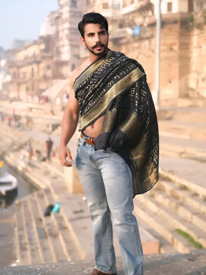 Embodying the energy of the city with Shiva in my soul. This portrait channels the raw, powerful vibe of Banaras, blending modern denim with a traditional 'Om Namah Shivaya' drape.