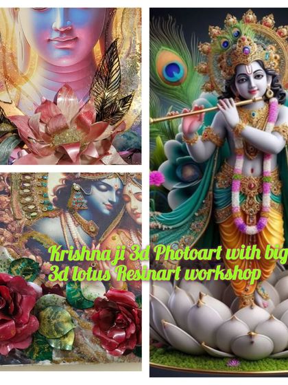 This image collage showcases the kind of Krishna Ji 3D photo art you can learn to make in my workshop. I focus on teaching how to create big 3D lotuses and other elements without using molds.