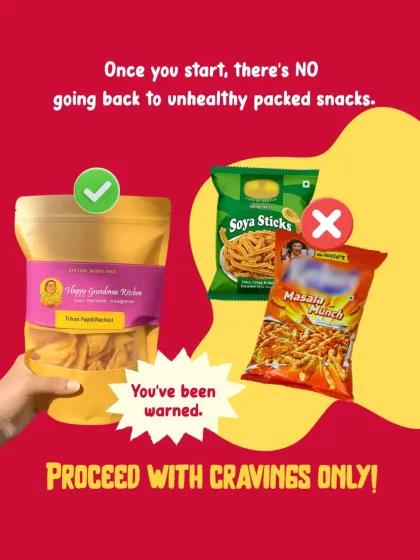 We want to offer a better choice. This image shows the difference between our fresh, handmade snacks and mass-produced packets with unhealthy ingredients. Once you taste the difference, there's no going back.