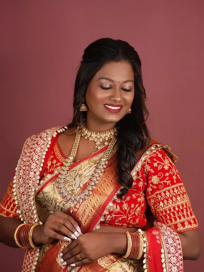 A close-up shot with eyes closed, highlighting the smooth application and the choice of warm, complementary eyeshadow colors.