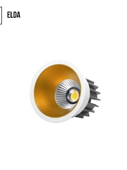 The ELDA COB downlight is one of our most brilliant options. Its high-efficiency reflector, shown here in a warm gold finish, provides excellent light output and a touch of decorative flair.
