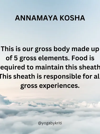 The Annamaya Kosha is our physical body, the "food sheath," made of the five gross elements. It is the vehicle for all our gross, physical experiences.