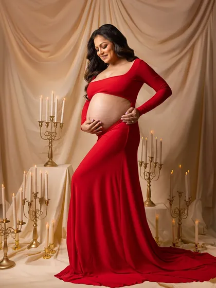 This pose beautifully showcases the baby bump and the elegant lines of the red gown.