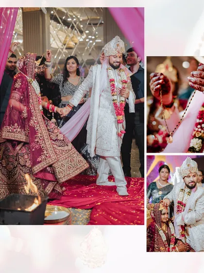 A collage showing key rituals from a Hindu wedding, including the pheras and the tying of the mangalsutra.
