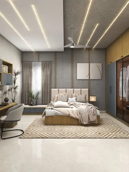Your master bedroom should be a sanctuary. We specialize in creating multi-functional master suites like this one, featuring integrated wardrobes, a dedicated work-from-home study desk, and layered lighting to create the perfect ambiance for rest and productivity.