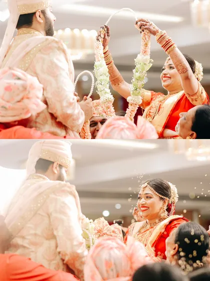 The joyful Varmala ceremony, a pivotal moment in the wedding. I capture the energy and happiness of the couple and their families during these fun and significant rituals.