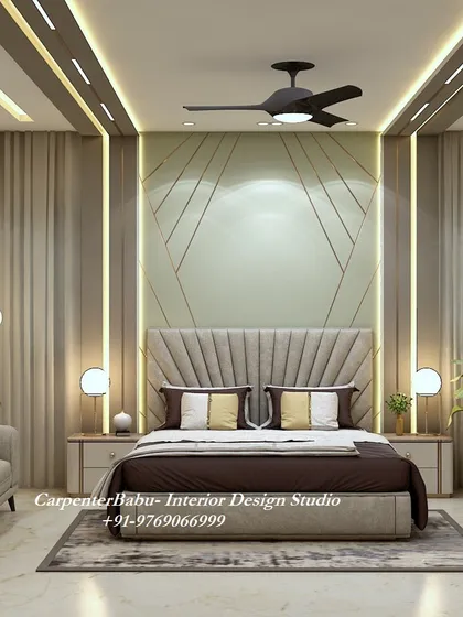 The headboard wall in this bedroom is a masterpiece of modern design, with a fan-like upholstered headboard set against a backlit, geometrically patterned panel.