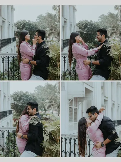 A four-part story of a couple's playful and loving interaction, from gentle touches to a sweet kiss, framed by lush greenery against a classic Mumbai building.