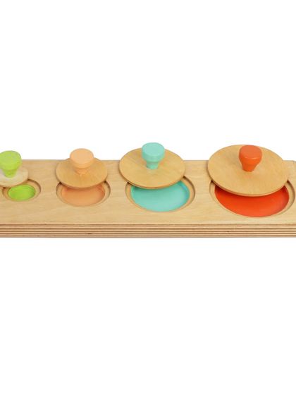 A wooden color puzzle toy for babies, shot from the front.