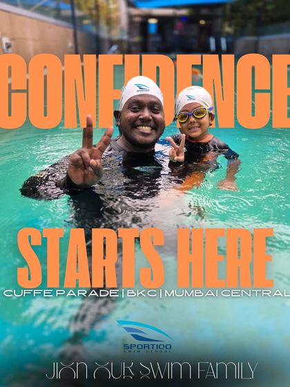 Confidence starts here. This image of a coach and a happy young swimmer is an invitation to join our swim family at Cuffe Parade, BKC, or Mumbai Central.