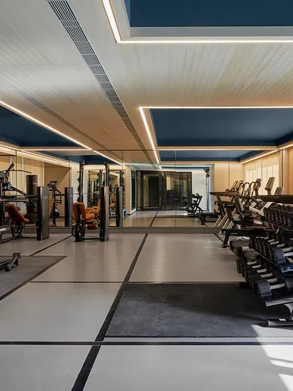 A wide shot of the gym, showing the layout of the equipment, the full-length mirrors that expand the space, and the clean, modern design.
