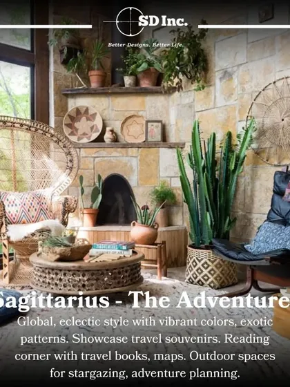 Zodiac interiors for Sagittarius, the adventurer. A global, eclectic style with vibrant colors, exotic patterns, and spaces for planning the next journey.