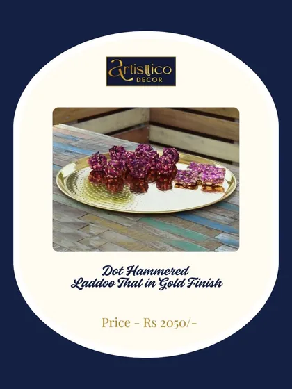 My dot hammered laddoo thal in a gold finish. The texture adds a unique touch, making it a beautiful platter for serving traditional Indian sweets during any celebration.