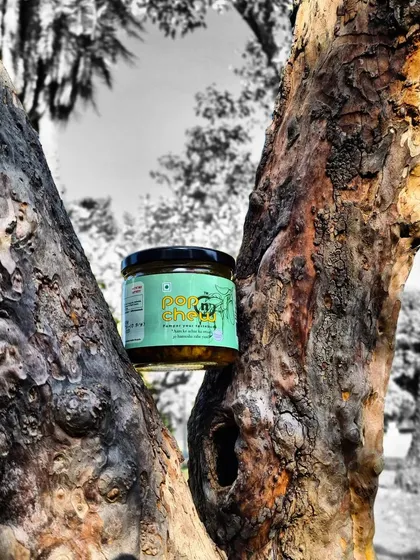 An artistic shot of our pickle jar resting between the textured bark of a tree. It represents our connection to nature and our commitment to using natural, pure ingredients.